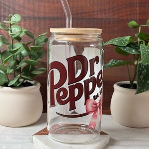 Dr Pepper Glass Tumbler with Pink Straw